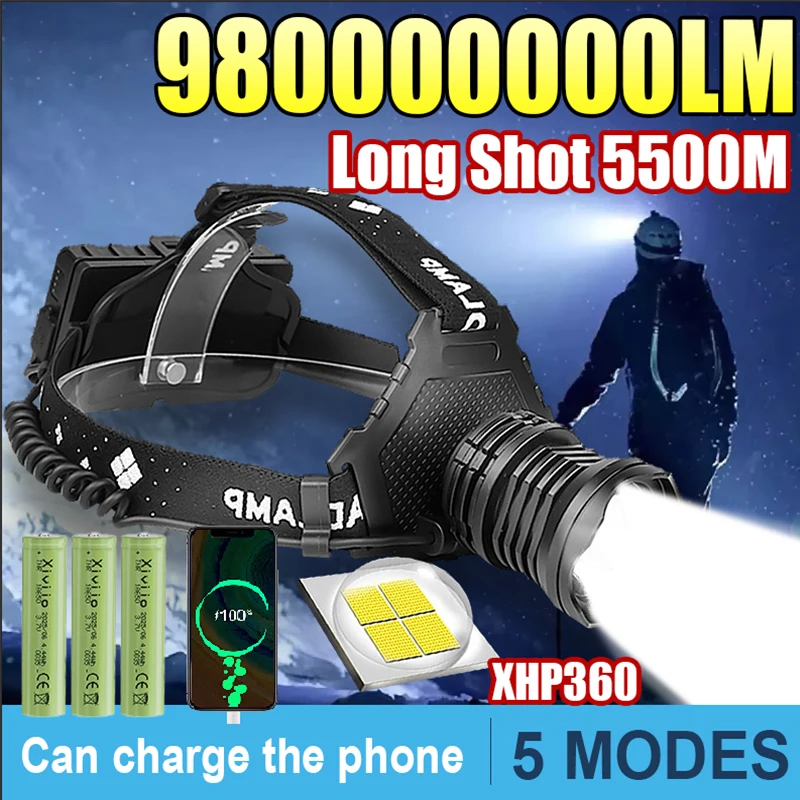 980000000LM Самый мощный светодиодный фонарь, супер яркий налобный фонарь, перезаряжаемый налобный фонарь XHP360 для уличной рыбалки, охоты, фонаря
980000000LM Самый мощный светодиодный фонарь, супер яркий налобный фонарь, перезаряжаемый налобный фонарь XHP360 для уличной рыбалки, охоты, фонаря