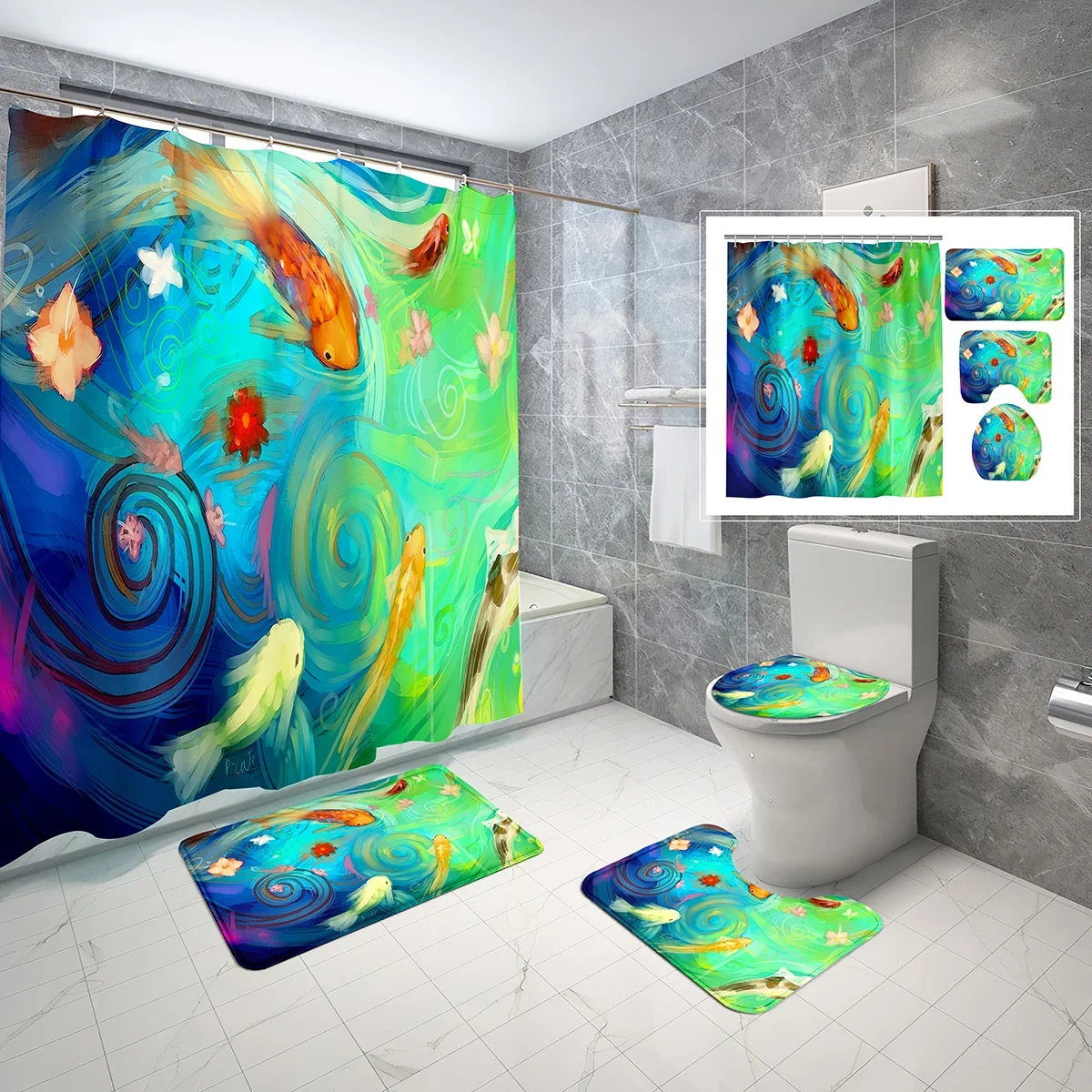 4 Pcs Ink Painting Shower Curtain Sets with Toilet Lid Cover and Bath Mat Fantasy Artistic Colors Bath Curtain Bathroom Sets
4 Pcs Ink Painting Shower Curtain Sets with Toilet Lid Cover and Bath Mat Fantasy Artistic Colors Bath Curtain Bathroom Sets