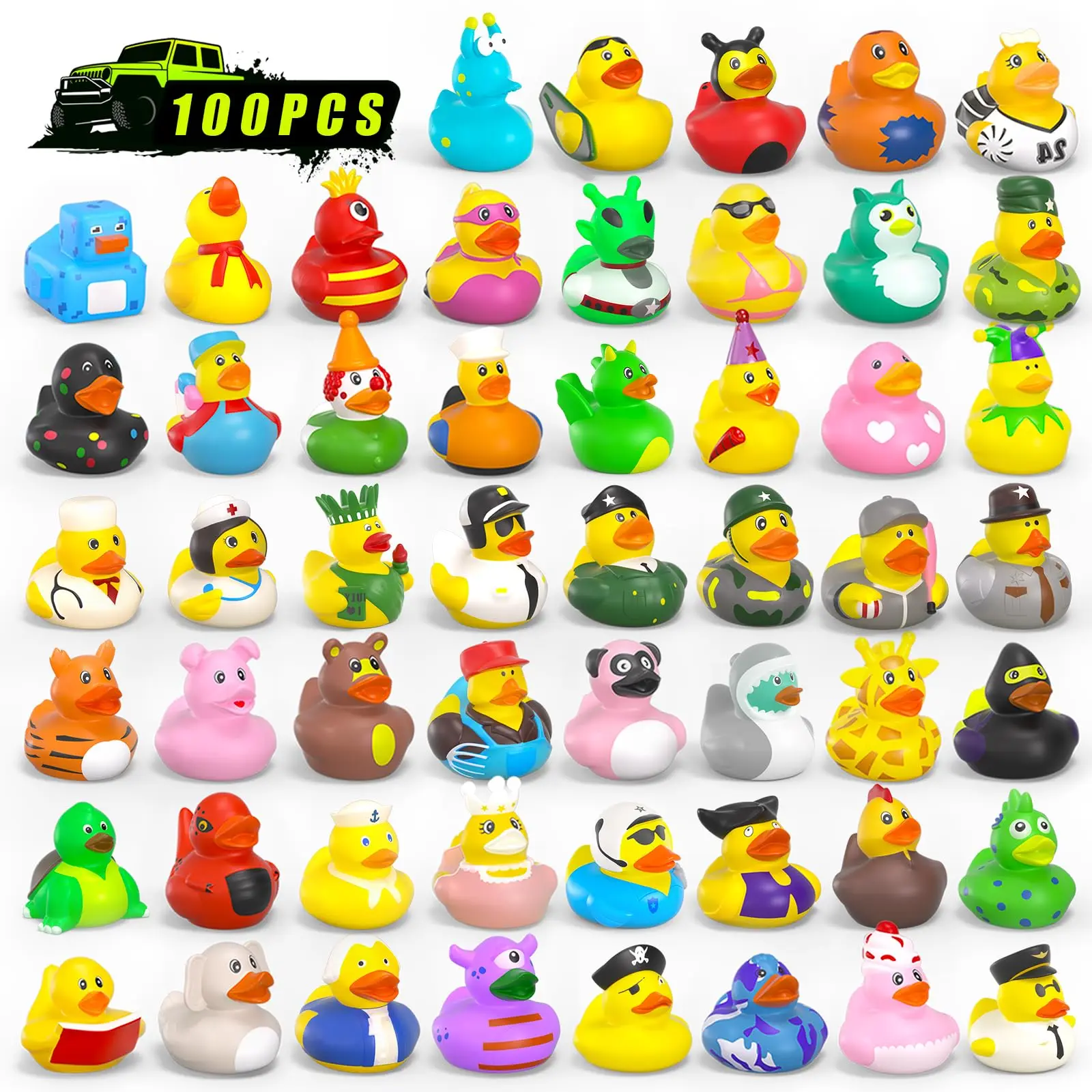 100 Pcs Rubber Ducks in Bulk, Assortment Jeep Ducks for Jeeps Ducking,Toddler Baby Bath Toys Summer Party Favors Beach Pool Acti
100 Pcs Rubber Ducks in Bulk, Assortment Jeep Ducks for Jeeps Ducking,Toddler Baby Bath Toys Summer Party Favors Beach Pool Acti
