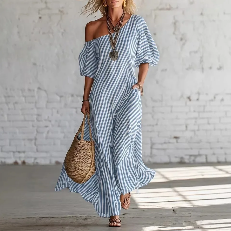 Elegant Striped Print Maxi Dresses Sexy Skew Collar Puff Sleeve Party Dress Female Summer Short-sleeved Vacation Boho Dress
Elegant Striped Print Maxi Dresses Sexy Skew Collar Puff Sleeve Party Dress Female Summer Short-sleeved Vacation Boho Dress