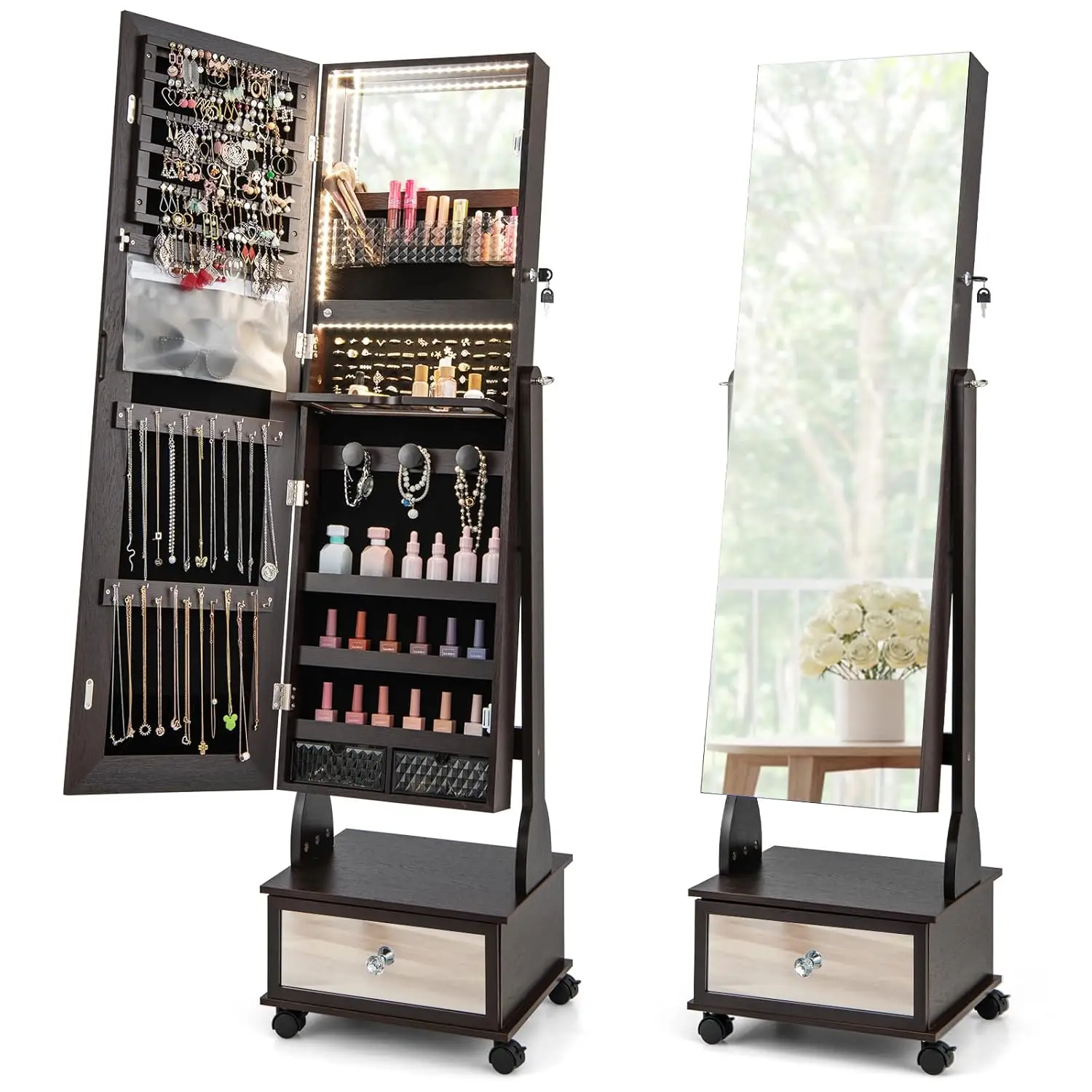 Lockable Rolling Jewelry Cabinet Organizer Mirror Full Length Wheels 3-Color Lights Drawers Shelves Espresso Customized
Lockable Rolling Jewelry Cabinet Organizer Mirror Full Length Wheels 3-Color Lights Drawers Shelves Espresso Customized