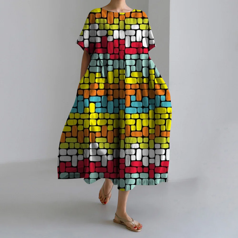 Women Geometric Patchwork Printed Dress Fashion Round Neck Short Sleeve Loose Pocket Long Summer Beach Comfortable Short Dresses
Women Geometric Patchwork Printed Dress Fashion Round Neck Short Sleeve Loose Pocket Long Summer Beach Comfortable Short Dresses