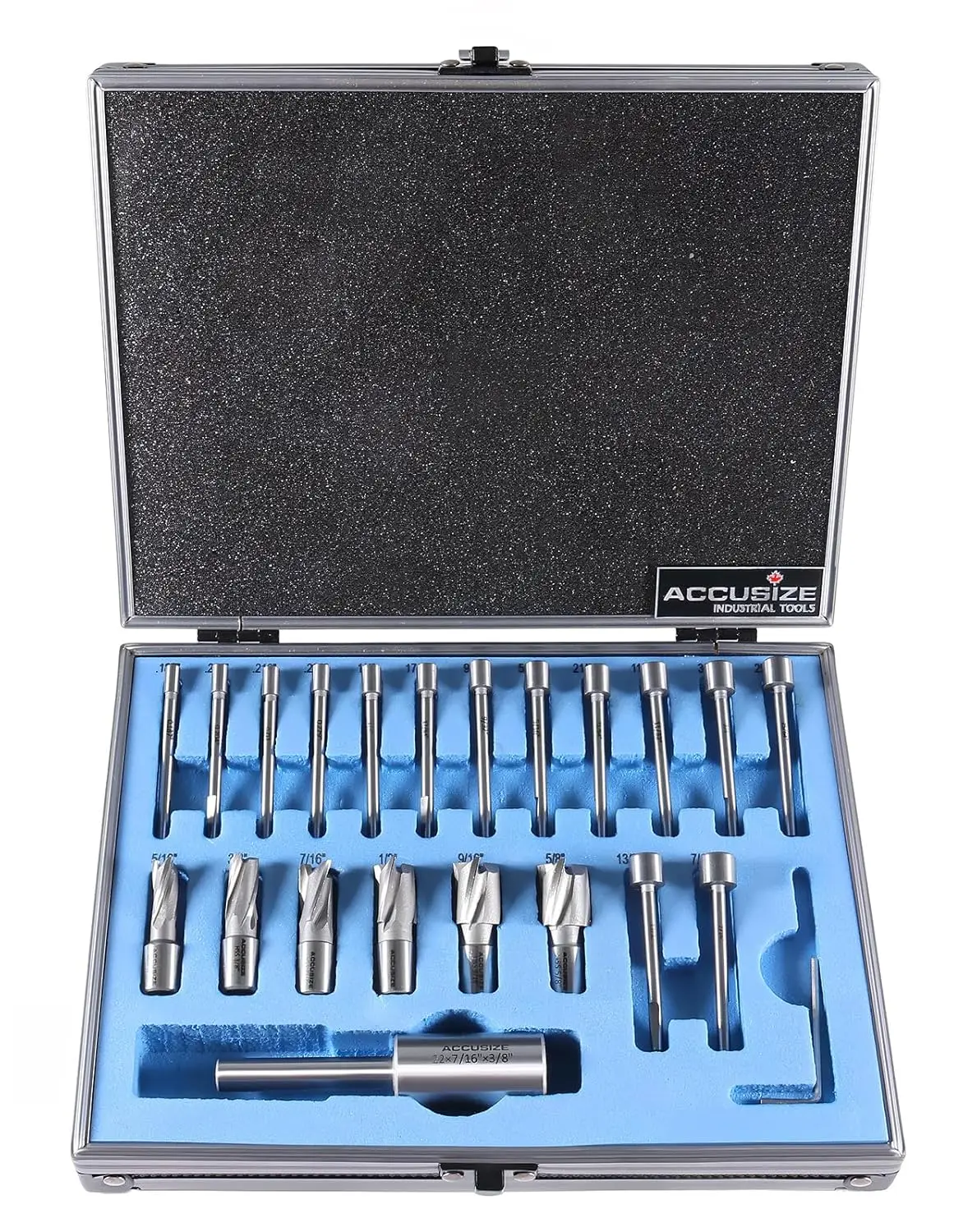 21 Pcs HSS Interchangeable Pilot Counterbore Set, 14 Pilots & 6 Counterbores, 3/8" Shank Holder
21 Pcs HSS Interchangeable Pilot Counterbore Set, 14 Pilots & 6 Counterbores, 3/8" Shank Holder