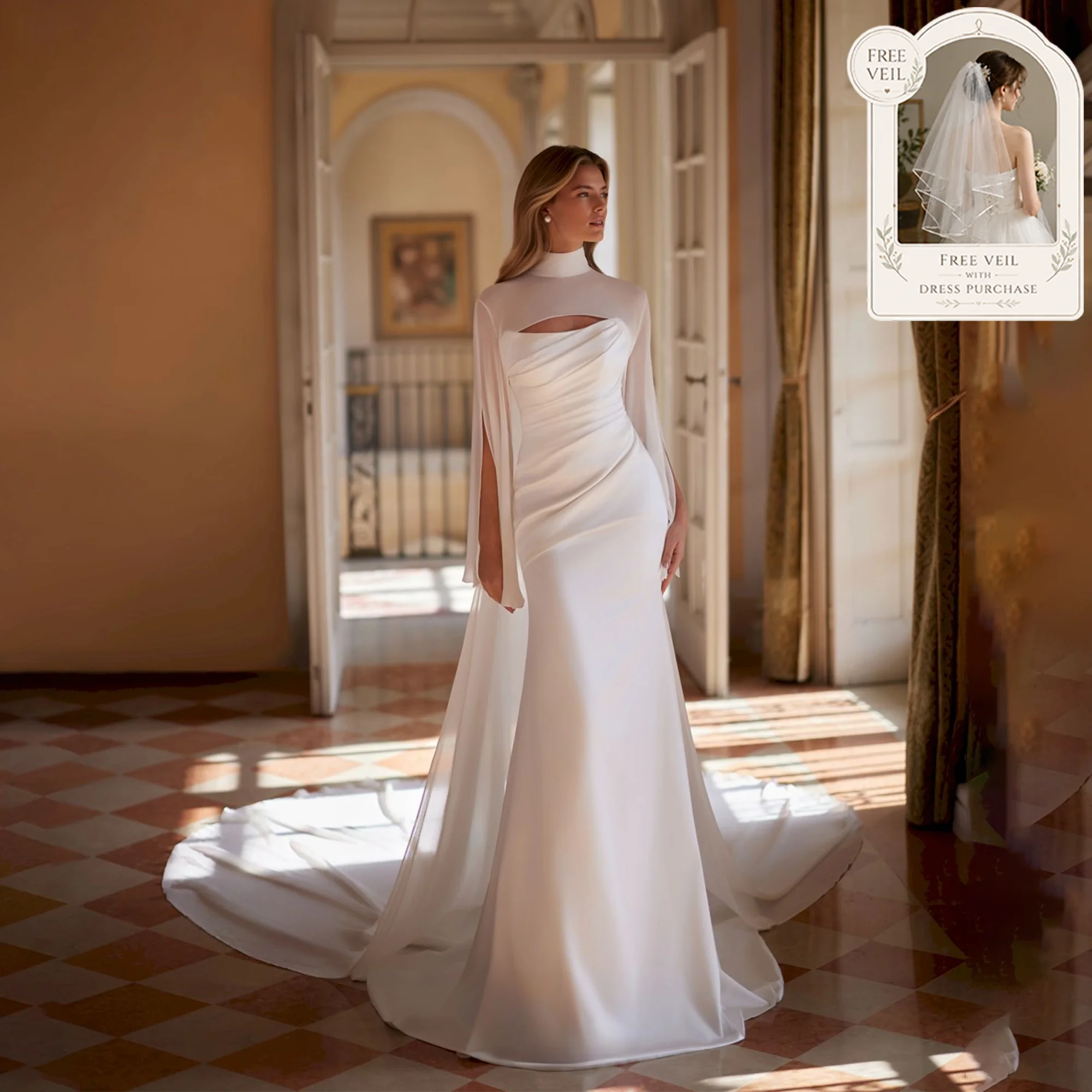 2 In 1 Satin Mermaid Wedding Dress Detachable Chiffon Cape Strapless Pleated Bridal Gown Simple Elegant vestido novia Customized
2 In 1 Satin Mermaid Wedding Dress Detachable Chiffon Cape Strapless Pleated Bridal Gown Simple Elegant vestido novia Customized