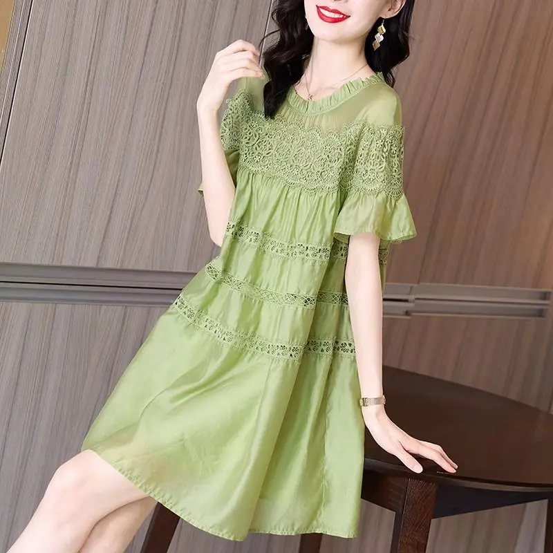 Green Summer Casual A-Line Dress With Lace Detailing And Flying Sleeves For Women
Green Summer Casual A-Line Dress With Lace Detailing And Flying Sleeves For Women