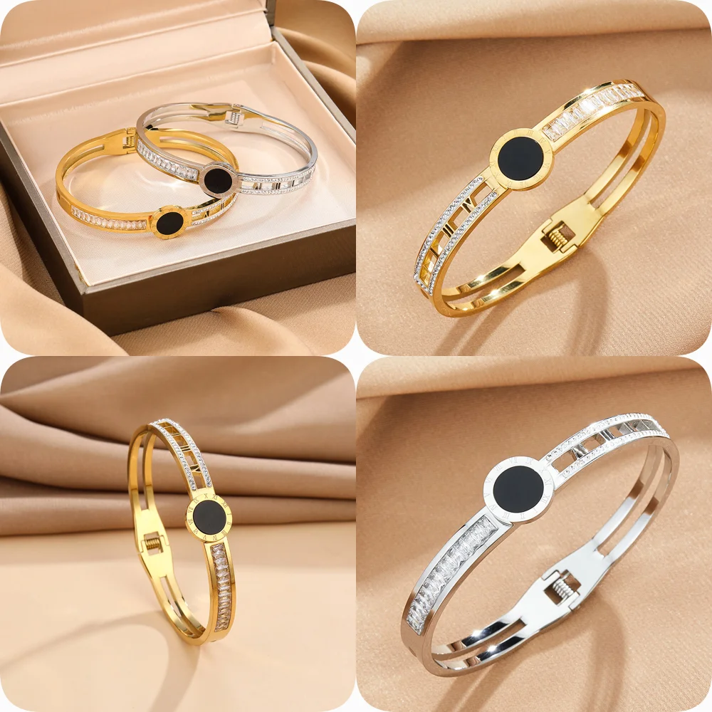 Black dial style stainless steel bracelet with diamond encrusted openwork design at the waist, stylish and elegant jewelry gift.
Black dial style stainless steel bracelet with diamond encrusted openwork design at the waist, stylish and elegant jewelry gift.