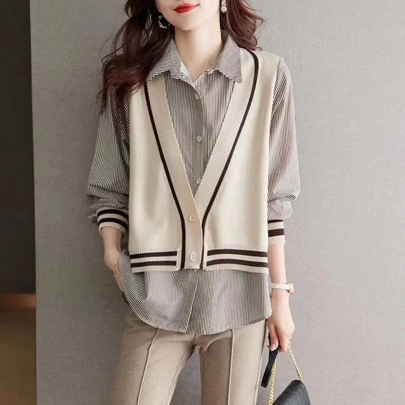 Women's Spring Clothing Fake Two-piece Turn Down Collar Button Striped New Long Sleeved Cardigan Versatile Casual Slimming Item
Women's Spring Clothing Fake Two-piece Turn Down Collar Button Striped New Long Sleeved Cardigan Versatile Casual Slimming Item