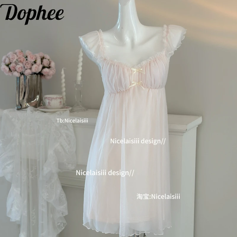 Dophee Sweet Princess Pink Nightdress Cute Bow Mesh Sleepwear V-neck Sleeveless Homewear Chest Pad Comfortable Women Nightgown
Dophee Sweet Princess Pink Nightdress Cute Bow Mesh Sleepwear V-neck Sleeveless Homewear Chest Pad Comfortable Women Nightgown