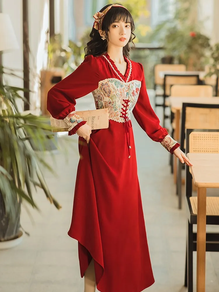 Vintage Court Style Autumn Embroidery Royal Dress Patchwork High Waist Bandage Dress Womrn Elegant Dinner Party Evening Robe
Vintage Court Style Autumn Embroidery Royal Dress Patchwork High Waist Bandage Dress Womrn Elegant Dinner Party Evening Robe