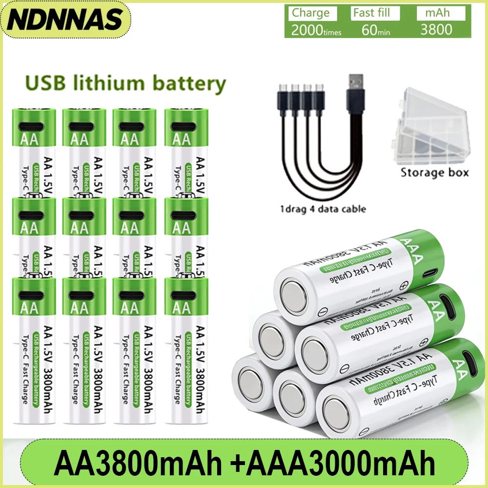 Type-C Rechargeable AA AAA Batteries 1.5V Li-ion AA3800 AAA3000mAh Battery with USB Cable Storage Case for Remote Control Toys
Type-C Rechargeable AA AAA Batteries 1.5V Li-ion AA3800 AAA3000mAh Battery with USB Cable Storage Case for Remote Control Toys
