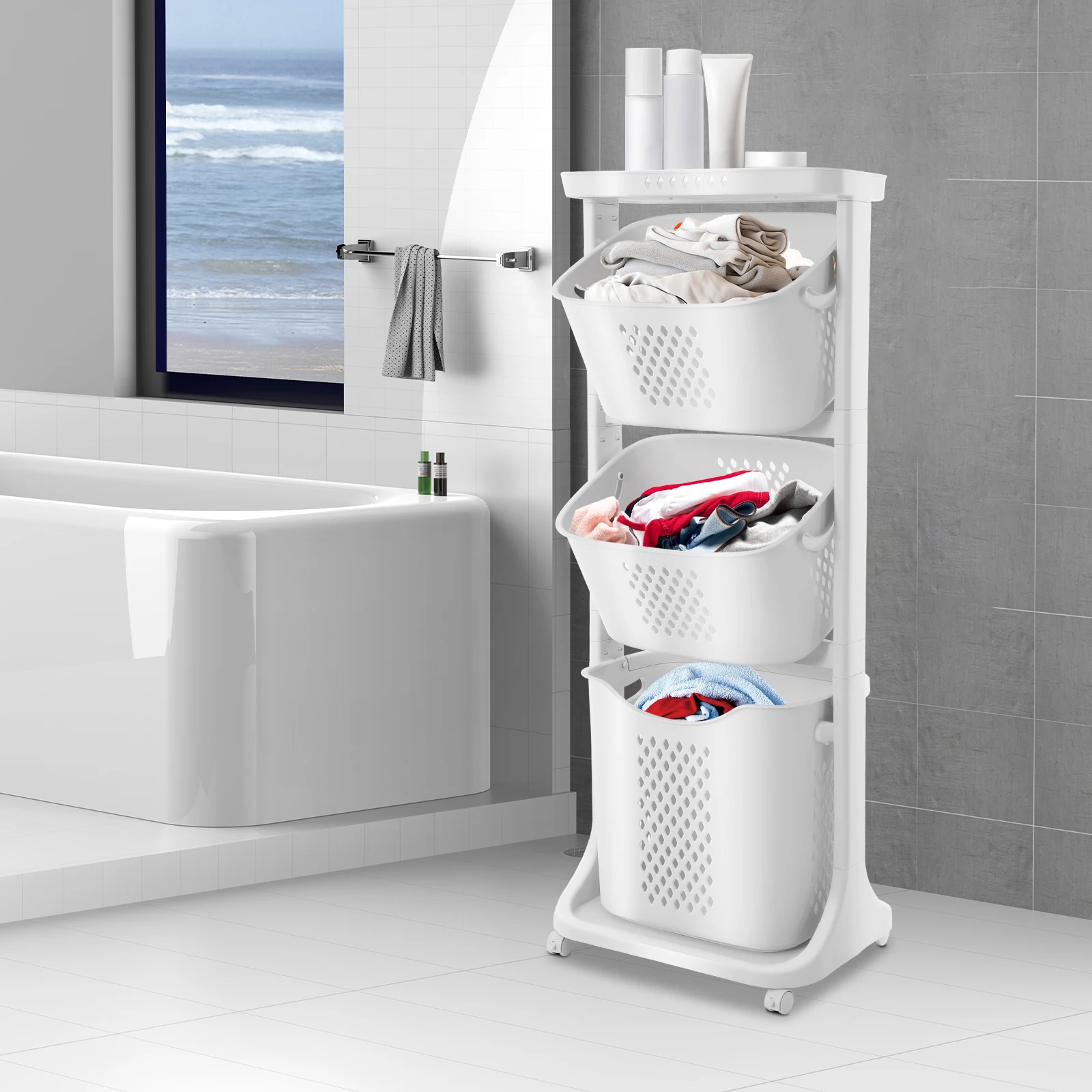 NEWEST 3Layer Laundry Basket Removable Clothes Storage Basket w/Universal Wheel Washing Storage Hampers Basket Cart for Bathroom
NEWEST 3Layer Laundry Basket Removable Clothes Storage Basket w/Universal Wheel Washing Storage Hampers Basket Cart for Bathroom