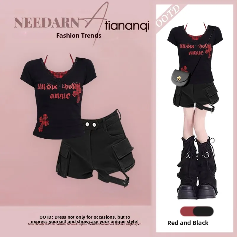 Gothic Style Short Sleeve Outfit Women Summer Dark Series Letter Print Top Matching Shorts Two Piece Set Fashionable Clothing
Gothic Style Short Sleeve Outfit Women Summer Dark Series Letter Print Top Matching Shorts Two Piece Set Fashionable Clothing