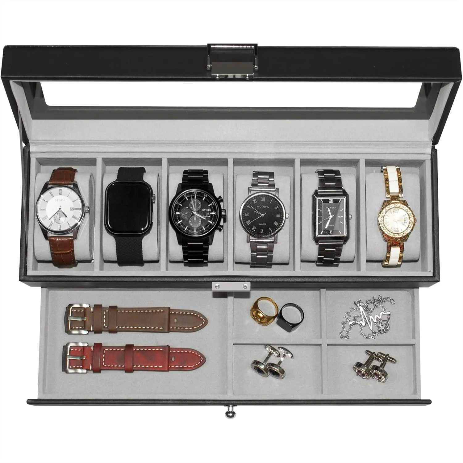 Men's Watch Box 6 Slot Double Layer with Real Glass Top, Large Holder for 50mm Watches, PU Leather Jewelry Storage Drawer
Men's Watch Box 6 Slot Double Layer with Real Glass Top, Large Holder for 50mm Watches, PU Leather Jewelry Storage Drawer