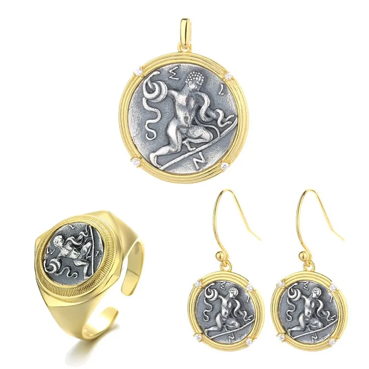 DLSYZFSILVER 925 Silver Fashion Hercules Retro Gold Ancient Coin Sets Earrings Rings Pendant Without Chain Women Wedding Jewelry
DLSYZFSILVER 925 Silver Fashion Hercules Retro Gold Ancient Coin Sets Earrings Rings Pendant Without Chain Women Wedding Jewelry