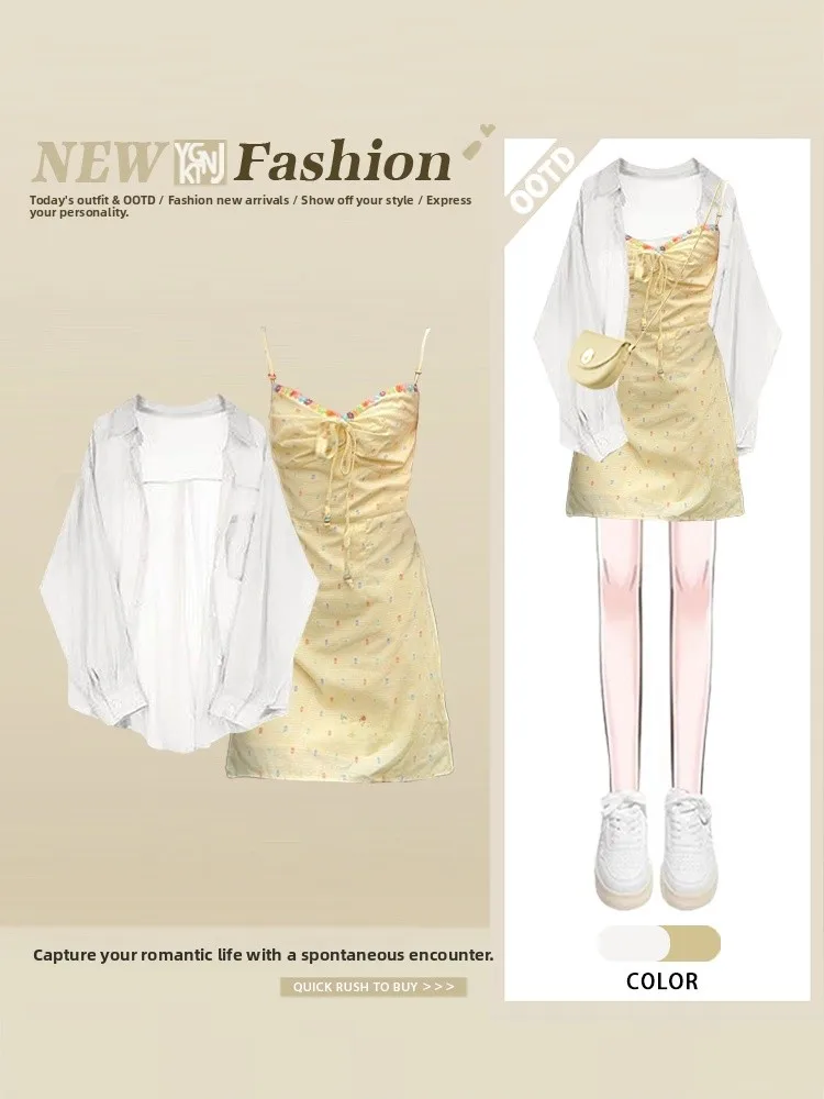 Yellow Strap Dress Vacation Short A-Line Skirt Set Women's Fashion Long Sleeve Shirt Combo Autumn Outfit for Date
Yellow Strap Dress Vacation Short A-Line Skirt Set Women's Fashion Long Sleeve Shirt Combo Autumn Outfit for Date