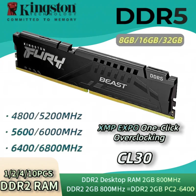 Kingston FURY Beast DDR5 Memory 5600MHz 6000MHz 16GB 32GB Single Module RAM Stick for Intel XMP Desktop Computer Memory Module
Kingston FURY Beast DDR5 Memory 5600MHz 6000MHz 16GB 32GB Single Module RAM Stick for Intel XMP Desktop Computer Memory Module