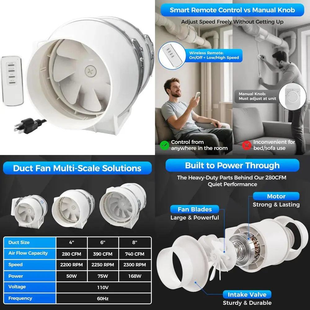 6 Inline Ventilation Exhaust Fan with Remote Control, 390cm Duct Intake for High-Efficiency Air in Bathrooms, Kitchens, Grow Ten
6 Inline Ventilation Exhaust Fan with Remote Control, 390cm Duct Intake for High-Efficiency Air in Bathrooms, Kitchens, Grow Ten