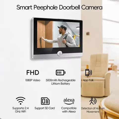 KUXA 4.3 Inch 1080P/158° Wireless Wifi Smart Door Bell Camera Tuya Video Door Peepholes PIR Movement Detection Eye Doorbell