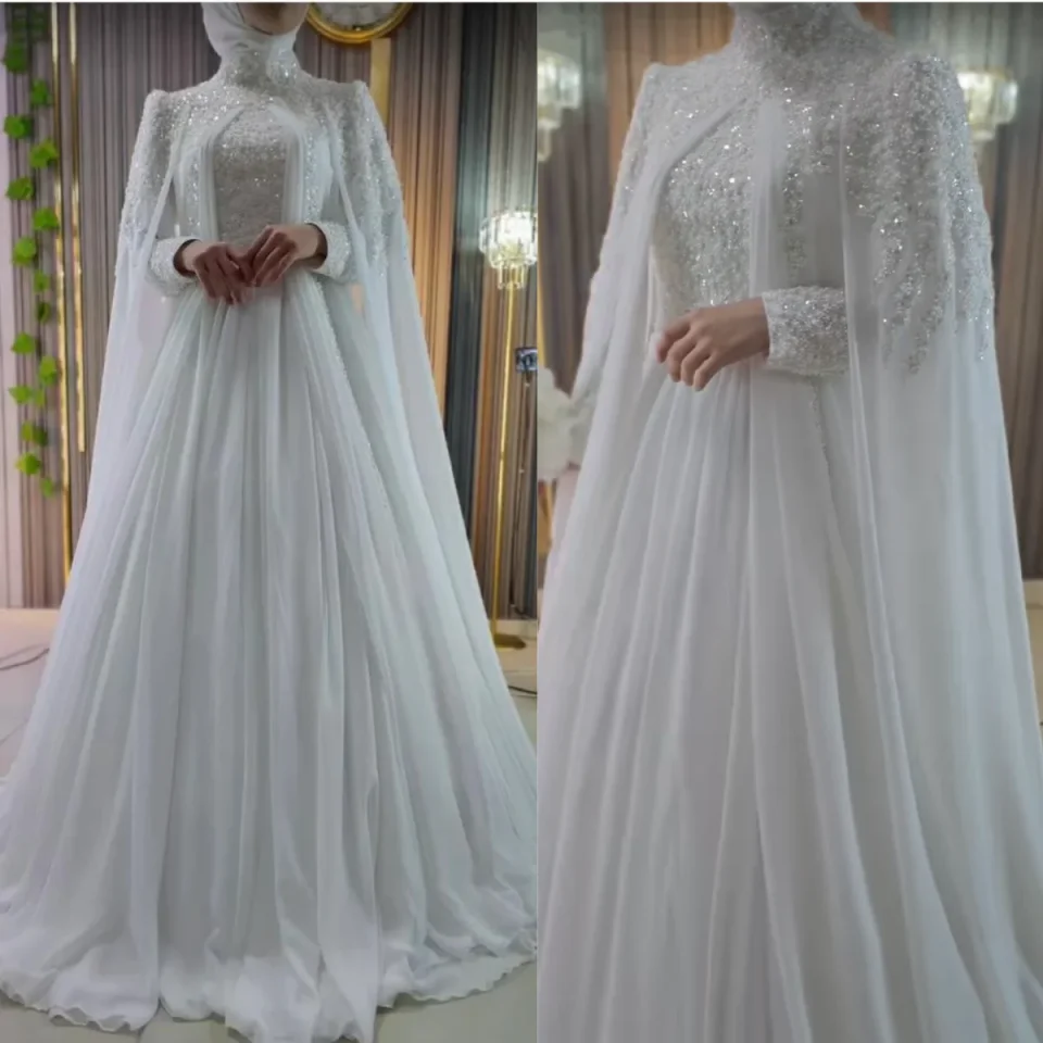 New Muslim Elegant A-line Beaded Wedding Dress Long Sleeve High Neck Shawl Bridal Dress Arab Women's Wedding Dress Customized
New Muslim Elegant A-line Beaded Wedding Dress Long Sleeve High Neck Shawl Bridal Dress Arab Women's Wedding Dress Customized