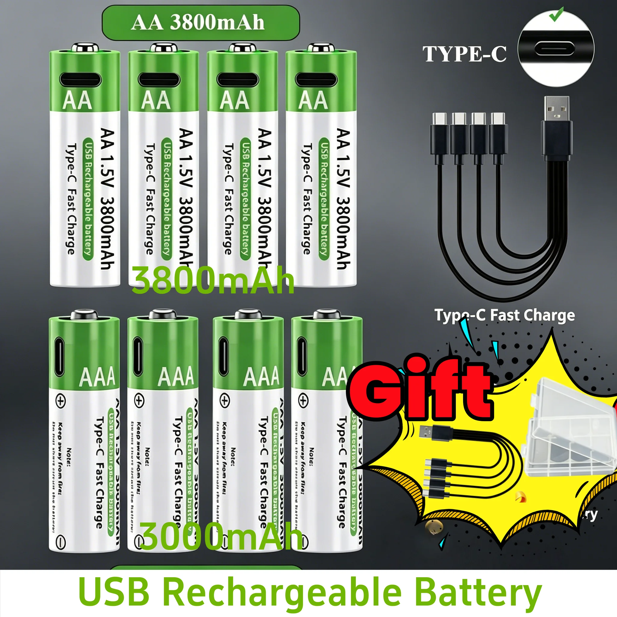 New 1.5V AA 3800mAh+AAA 3000mAh Rechargeable Lithium Batteries Fast Charging Li-ion Battery 1200 Cycles with Free Cables Box
New 1.5V AA 3800mAh+AAA 3000mAh Rechargeable Lithium Batteries Fast Charging Li-ion Battery 1200 Cycles with Free Cables Box