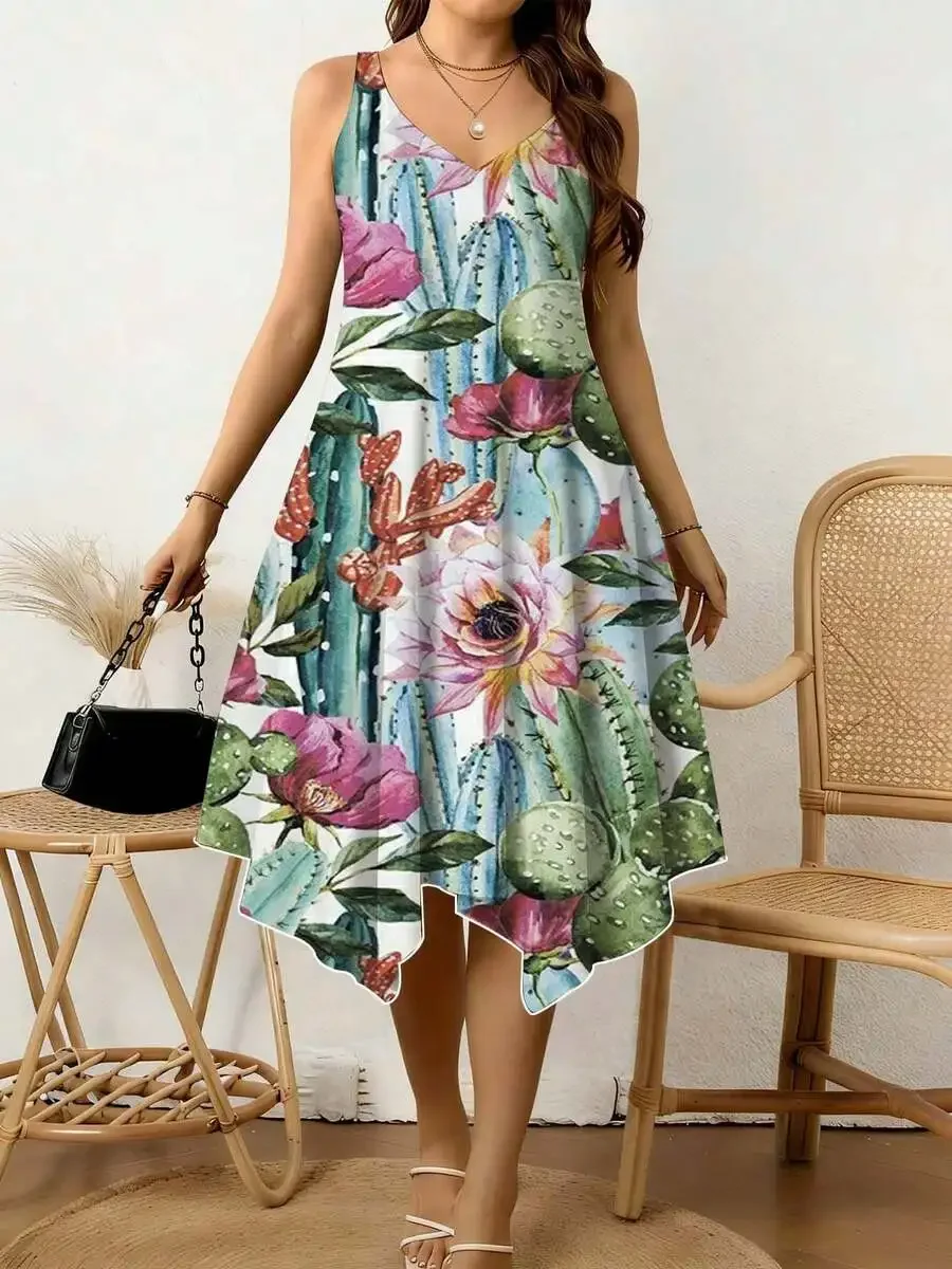 Cactus And Flower Print Women V Neck Sleeveless Dress Irregular Hem Breathable Casual Vacation Dress
Cactus And Flower Print Women V Neck Sleeveless Dress Irregular Hem Breathable Casual Vacation Dress