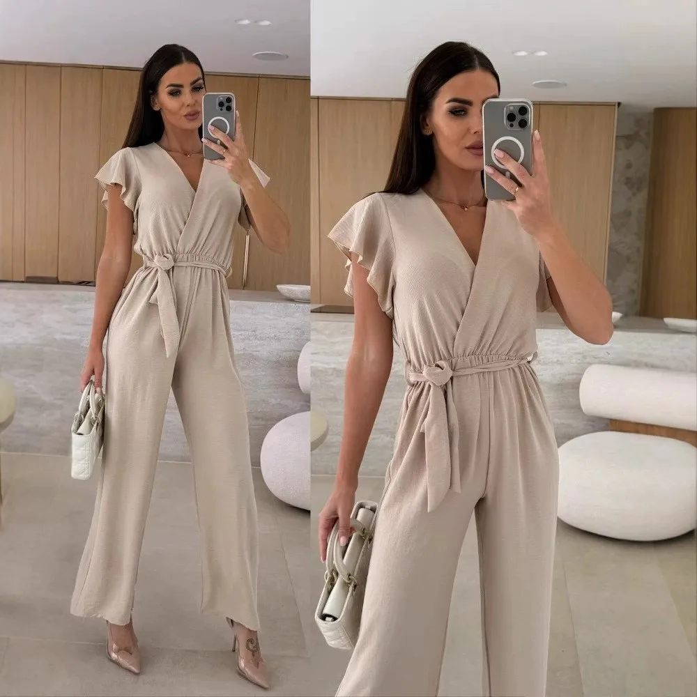 Fashion V-neck cinched waist lace-up elegant women jumpsuit summer slim lotus leaf short-sleeved Female office wide-leg Rompers
Fashion V-neck cinched waist lace-up elegant women jumpsuit summer slim lotus leaf short-sleeved Female office wide-leg Rompers