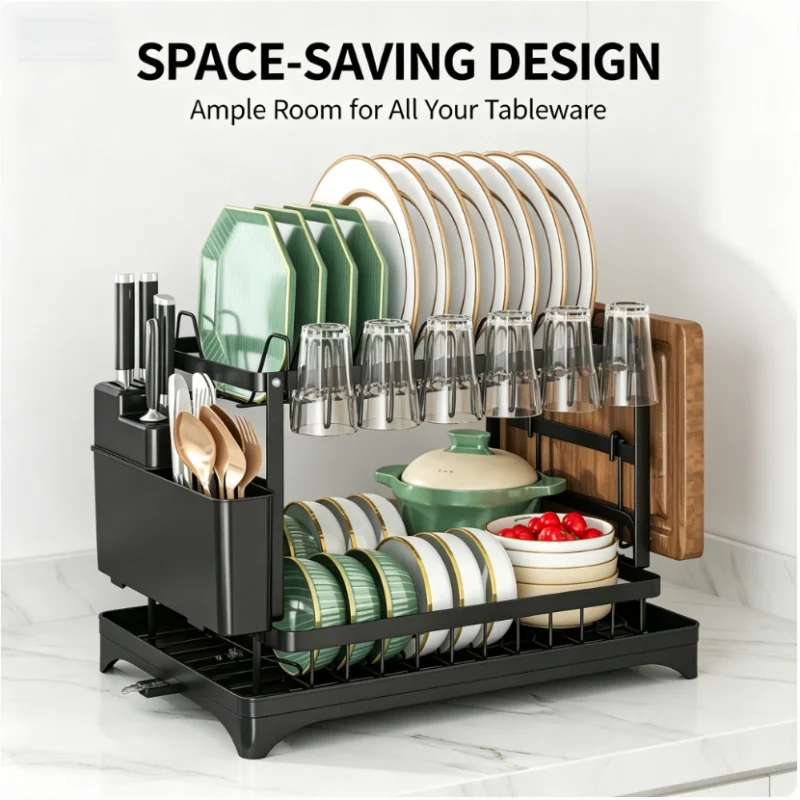 Space Saving Double Tier Dish Drying Rack Rust Resistant Metal With Drain Tray Easy Assemble Kitchen Tableware Holder