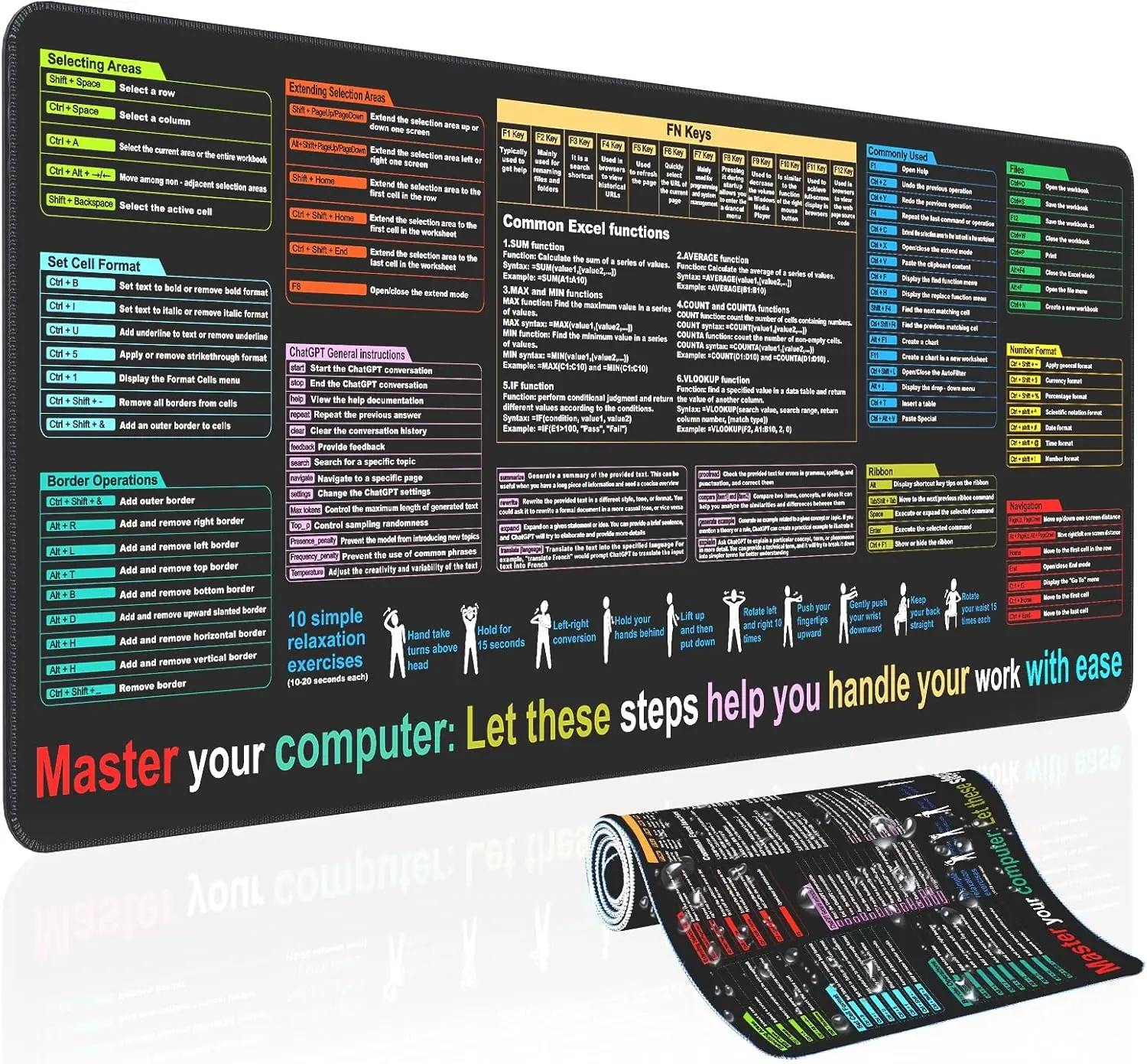 Excel Cheat Sheet Desk Pad - XL 31.5x11.8in, 9 Major Functions, Waterproof & Anti-Slip for Work/Study/Gaming
Excel Cheat Sheet Desk Pad - XL 31.5x11.8in, 9 Major Functions, Waterproof & Anti-Slip for Work/Study/Gaming