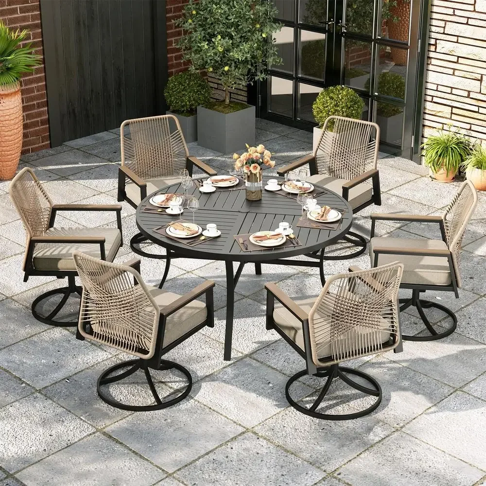 7-Piece Outdoor Patio Dining Set with Wicker Table and Chairs, Beige, Swivel Chairs, 3.2 Cushions, 54 Round Table
7-Piece Outdoor Patio Dining Set with Wicker Table and Chairs, Beige, Swivel Chairs, 3.2 Cushions, 54 Round Table