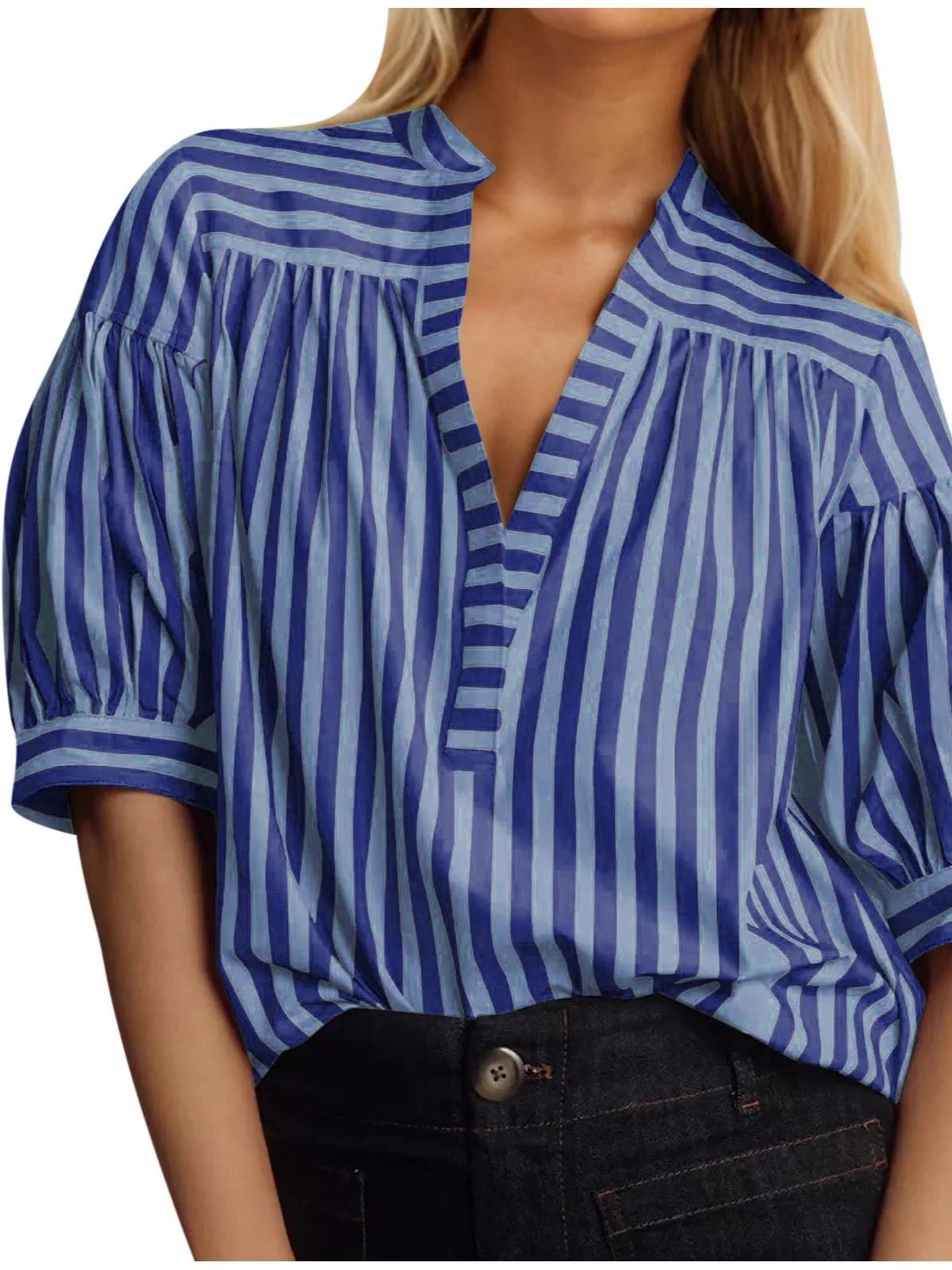 Summer Women's Shirt 2025 New Style Pullover Casual Stripe Splicing Folding Folding Opening Tube V-neck Bubble Sleeve Loose Top
Summer Women's Shirt 2025 New Style Pullover Casual Stripe Splicing Folding Folding Opening Tube V-neck Bubble Sleeve Loose Top
