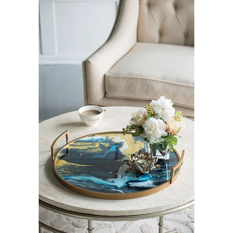 Round Mirrored Tray with Blue Gold Artistic Design and Handles
Round Mirrored Tray with Blue Gold Artistic Design and Handles