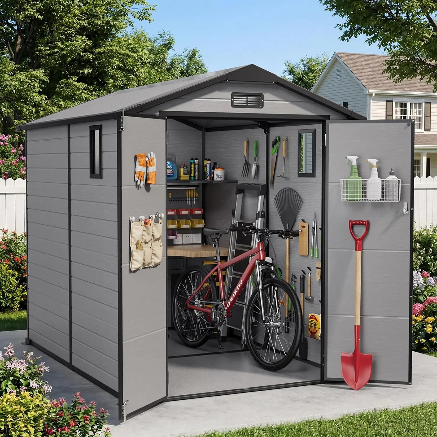 6X8 FT Resin Shed, Plastic Shed with Floor & Drainage Channel for Bikes, Furniture, Gardening Tools, Lockable Double, Custom
6X8 FT Resin Shed, Plastic Shed with Floor & Drainage Channel for Bikes, Furniture, Gardening Tools, Lockable Double, Custom