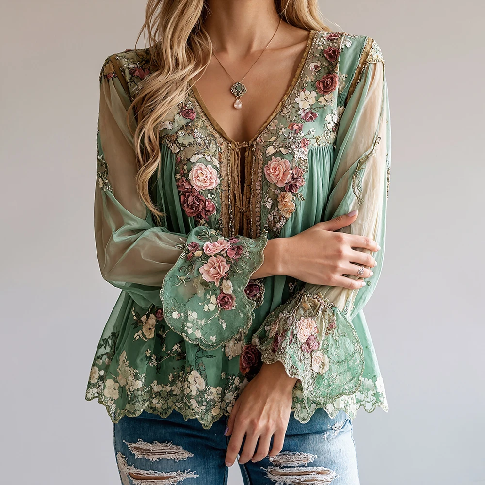 Women Retro Chiffon Blouse Sheer V-Neck Lace-up Chic Ethnic Floral Printed Elegant Lace Hem Casual Vintage Shirts Autumn 2025
Women Retro Chiffon Blouse Sheer V-Neck Lace-up Chic Ethnic Floral Printed Elegant Lace Hem Casual Vintage Shirts Autumn 2025