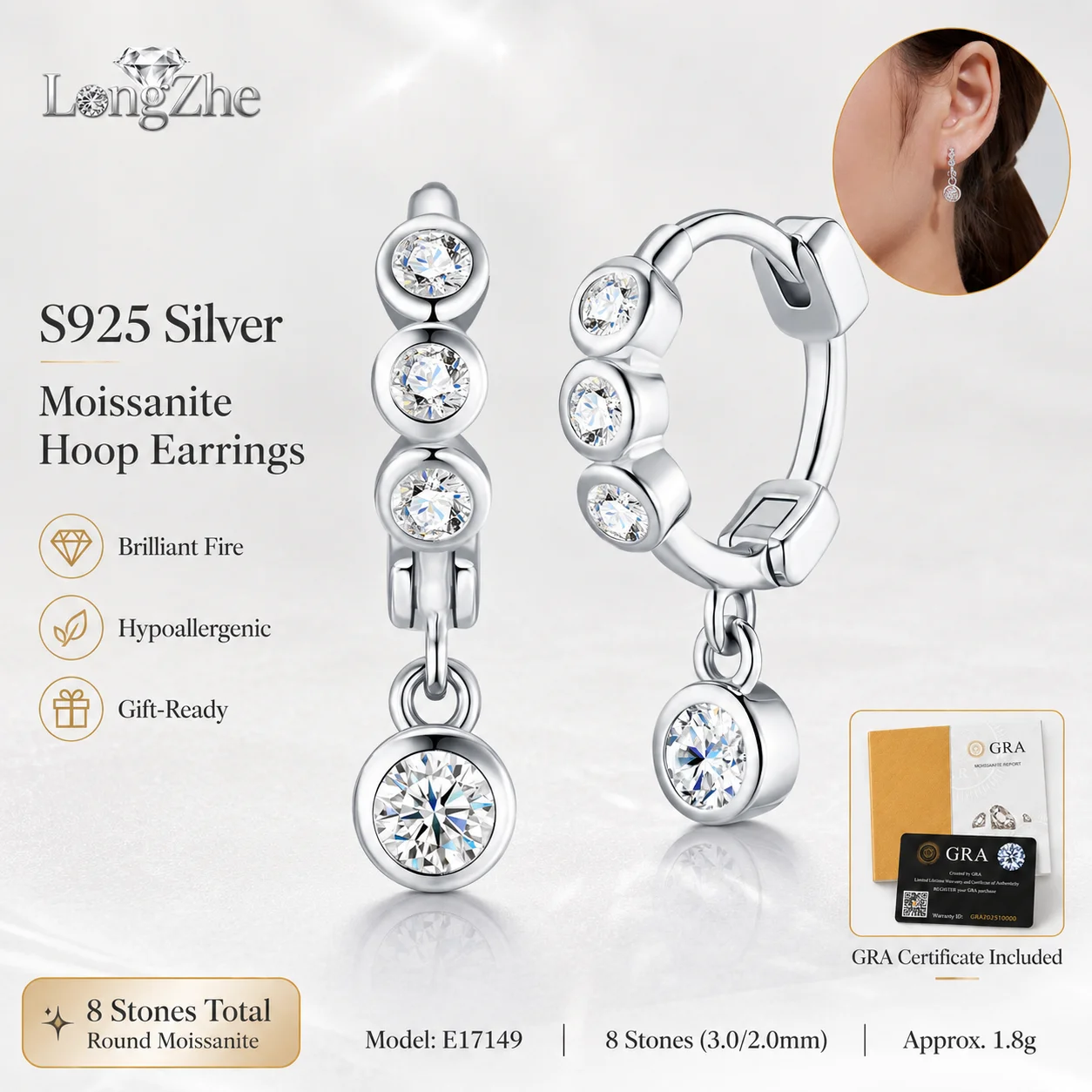8 Stones Round Cut Moissanite Drop Hoop Earrings 925 Sterling Silver Bezel Set GRA Certified Sparkling Fine Jewelry for Women
8 Stones Round Cut Moissanite Drop Hoop Earrings 925 Sterling Silver Bezel Set GRA Certified Sparkling Fine Jewelry for Women
