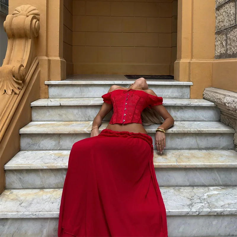 Sexy Red Women's Matching Sets Fishbone Lace Corsets Low Waist Loose Skirt Suits Vacation 2 Pieces Sets 2026 Summer Lady Outfits
Sexy Red Women's Matching Sets Fishbone Lace Corsets Low Waist Loose Skirt Suits Vacation 2 Pieces Sets 2026 Summer Lady Outfits