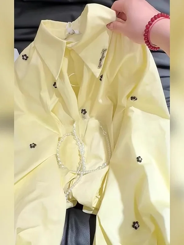 Yellow Polka Dot Bubble Sleeve Shirt Women's Loose Fit Button up Floral Embellished Casual Spring Top Korean Style Straight Cut
Yellow Polka Dot Bubble Sleeve Shirt Women's Loose Fit Button up Floral Embellished Casual Spring Top Korean Style Straight Cut