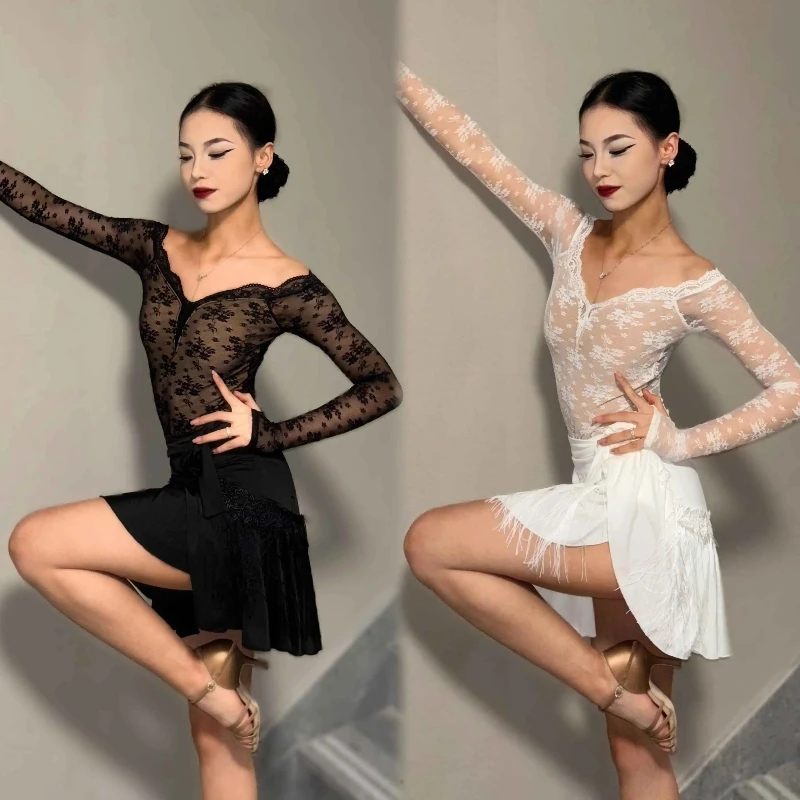 Latin Dance Dress Clothing for Women White Black Lace Long Sleeves Tops Fringes Skirt Set Competition Rumba Cha Cha Dancewear
Latin Dance Dress Clothing for Women White Black Lace Long Sleeves Tops Fringes Skirt Set Competition Rumba Cha Cha Dancewear