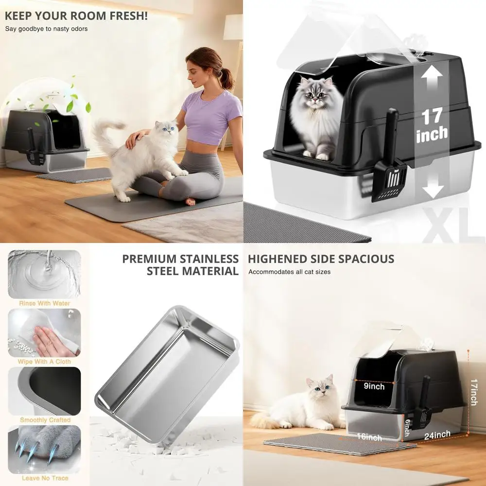Extra Large Stainless Steel Cat Litter Box with Transparent Flip Lid, High Sides, Scoop & Mat - Black
Extra Large Stainless Steel Cat Litter Box with Transparent Flip Lid, High Sides, Scoop & Mat - Black