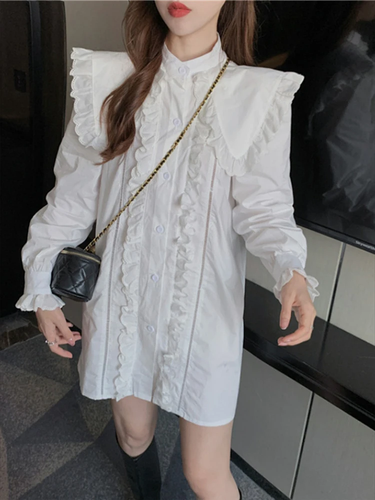 2025 Spring Women Fashion White Ruffles Mid Length Blouse Doll Collar Long Sleeve Loose Elegant Temperament Fit Shirt
2025 Spring Women Fashion White Ruffles Mid Length Blouse Doll Collar Long Sleeve Loose Elegant Temperament Fit Shirt