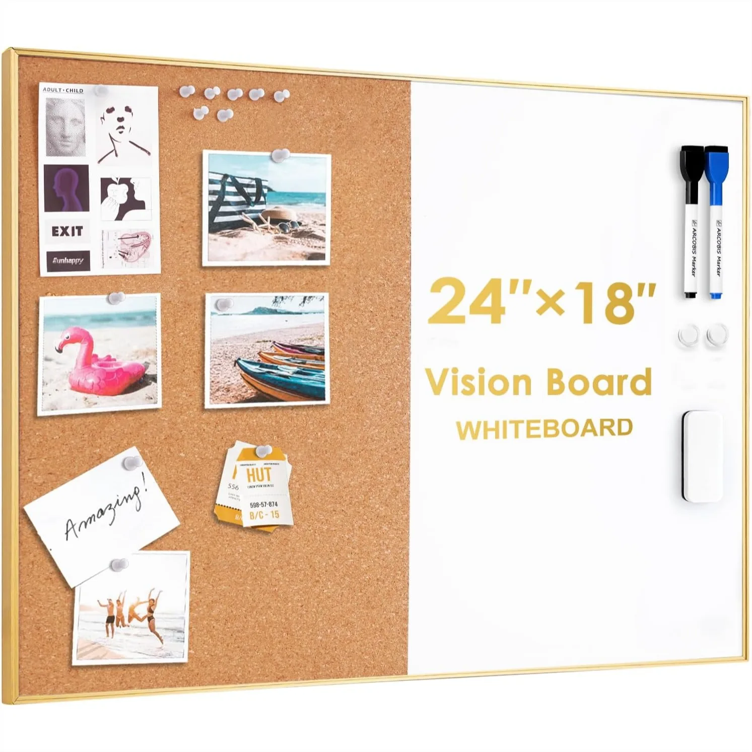 Cork Board White Board Combo 24x18 Inch, Magnetic Dry Erase & Bulletin Board with Gold Frame for Home Office School
Cork Board White Board Combo 24x18 Inch, Magnetic Dry Erase & Bulletin Board with Gold Frame for Home Office School