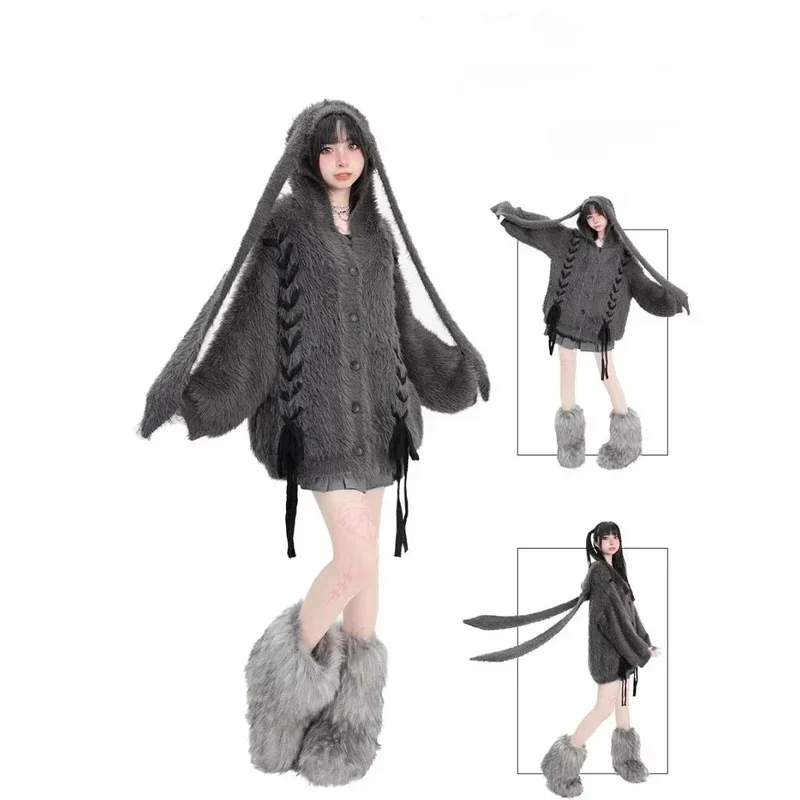 New Y2K Sweater Bunny Plush Thickened Cardigan Sweater Women Autumn Winter Design Cute Loose Mid Length Coat Gray Hooded Sweater
New Y2K Sweater Bunny Plush Thickened Cardigan Sweater Women Autumn Winter Design Cute Loose Mid Length Coat Gray Hooded Sweater