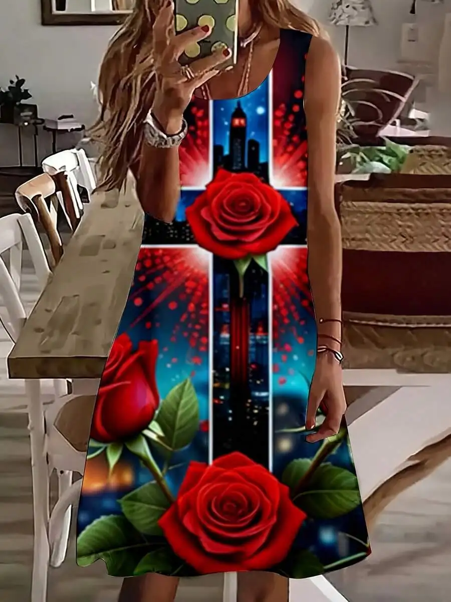 Women Sleeveless Dress Red Rose And City Night Sky Print Valentines Day
Women Sleeveless Dress Red Rose And City Night Sky Print Valentines Day