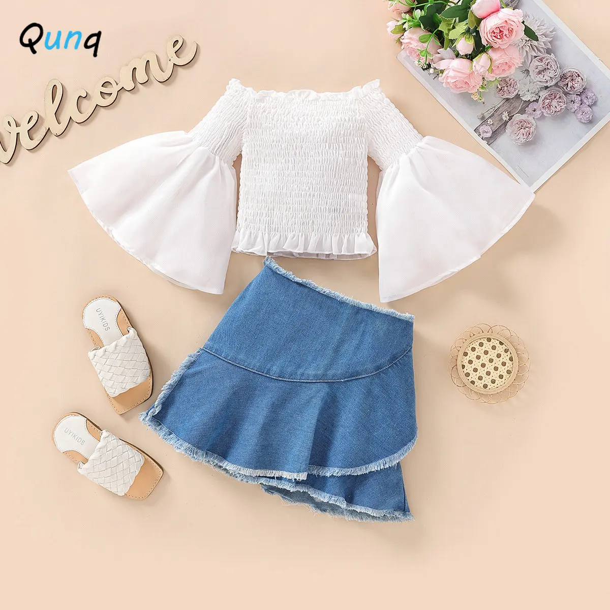 Qunq 2023 Summer Girls Solid Fashion Off-The-Shoulder Flared Sleeve Top + Denim Skirt 2 Pieces Set Casual Kids Clothes Age 3T-8T
Qunq 2023 Summer Girls Solid Fashion Off-The-Shoulder Flared Sleeve Top + Denim Skirt 2 Pieces Set Casual Kids Clothes Age 3T-8T