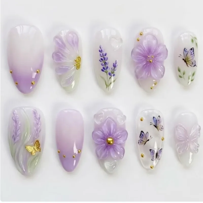 24pcs new 5D butterfly lavender nail art purple gradient blending three-dimensional carved almond shaped wearable nail
24pcs new 5D butterfly lavender nail art purple gradient blending three-dimensional carved almond shaped wearable nail