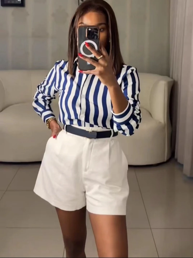 2 Piece Sets Women Outfit Summer Clothes Women Long Sleeve Stripe Shirt Top White Shorts Sets Casual Two Piece Woman Set No Belt
2 Piece Sets Women Outfit Summer Clothes Women Long Sleeve Stripe Shirt Top White Shorts Sets Casual Two Piece Woman Set No Belt