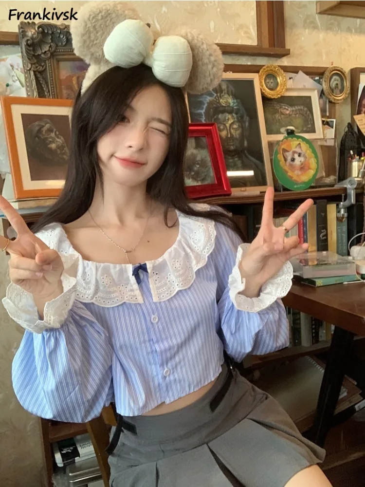 Shirts Women Lace Striped Korean Style Sweet Lovely Summer Puff Sleeve Ruffles Vintage All-match Y2k Cropped Clothing Blue Daily
Shirts Women Lace Striped Korean Style Sweet Lovely Summer Puff Sleeve Ruffles Vintage All-match Y2k Cropped Clothing Blue Daily