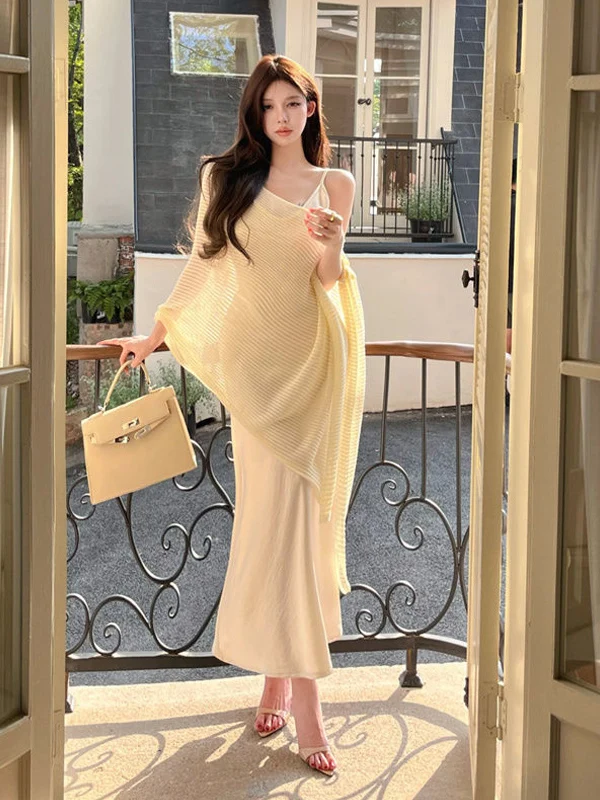 Elegant Asymmetrical Fish Tail Long Dress Sunshade Cover up Women's Summer Fashion Set Shoulder Shawl Dress Two Piece Set
Elegant Asymmetrical Fish Tail Long Dress Sunshade Cover up Women's Summer Fashion Set Shoulder Shawl Dress Two Piece Set