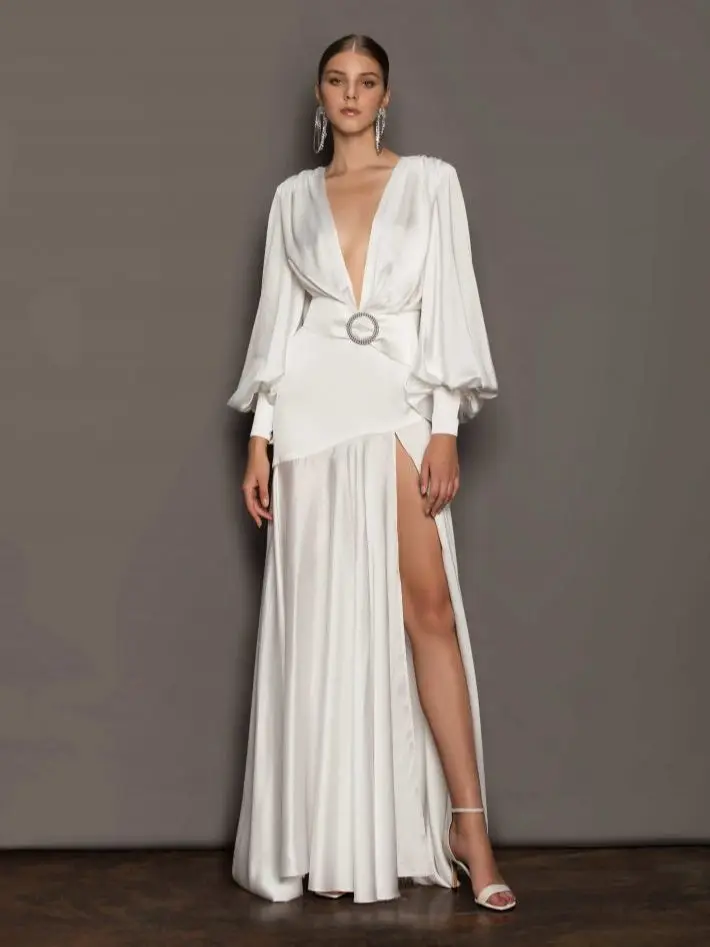 Evening Dress, Female Sexy Slit Lantern Sleeves, White Slim Fit v-Neck, French Style Satin Long Dress
Evening Dress, Female Sexy Slit Lantern Sleeves, White Slim Fit v-Neck, French Style Satin Long Dress