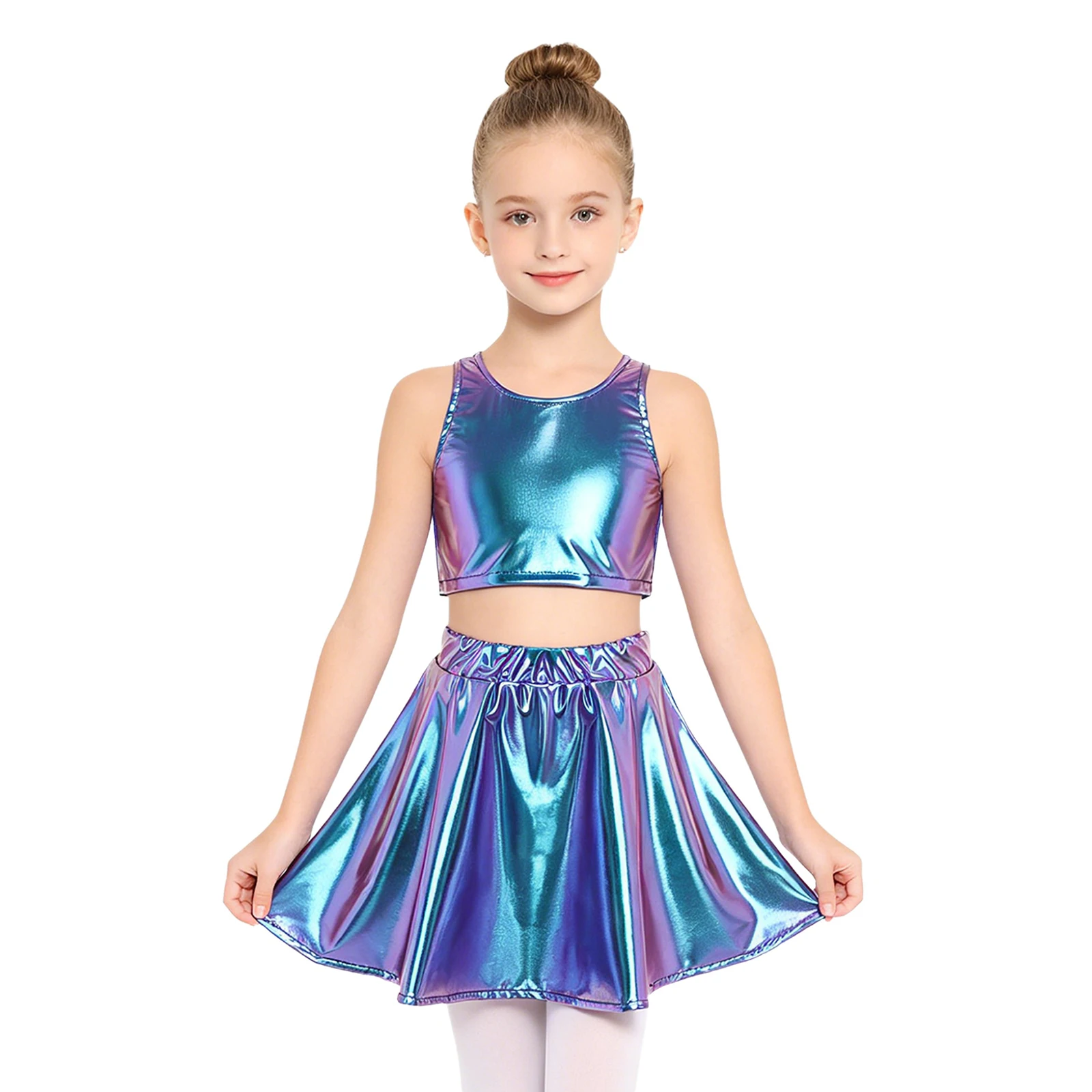 Girls Hip Hop Cheerleading Outfit Metallic Sleeveless Crop Top Elastic Waist Skirt Trendy Jazz Dance Stage Show Practice Clothes
Girls Hip Hop Cheerleading Outfit Metallic Sleeveless Crop Top Elastic Waist Skirt Trendy Jazz Dance Stage Show Practice Clothes