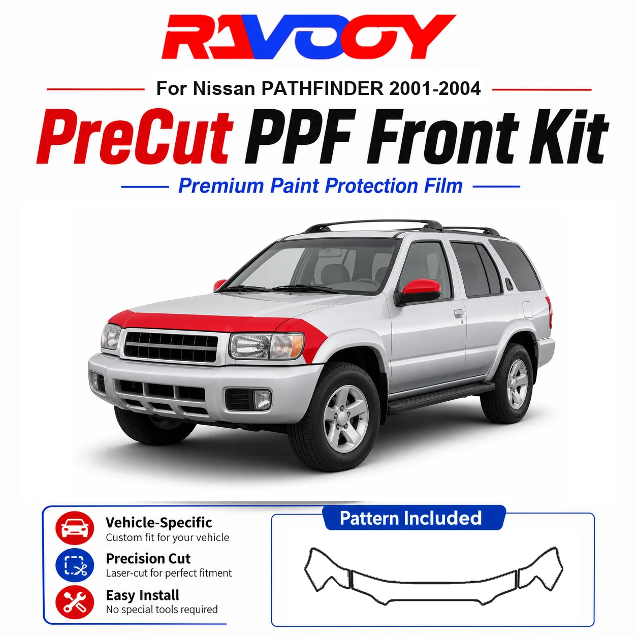 8.5mil TPU Precut PPF Kit For Nissan PATHFINDER 2001-2004 - Hood, Fenders & Mirror Set - Self-Healing Clear Bra Film
8.5mil TPU Precut PPF Kit For Nissan PATHFINDER 2001-2004 - Hood, Fenders & Mirror Set - Self-Healing Clear Bra Film